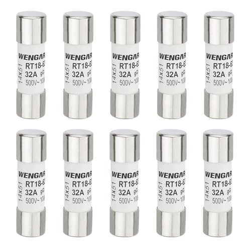 Wengart Fusible cilíndrico de cerámica CA RT18-63 (RO16), AC500V 32A 100kA, 10 unidades, 14x51 mm, adecuado para electrodomésticos, instalaciones industriales, edificios eléctricos