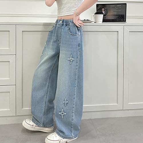Girls Wide Leg Jeans Star Applique Straight Elastic Waist Baggy Pants 2025 Trendy Y2K Streetwear Teen Clothes4
