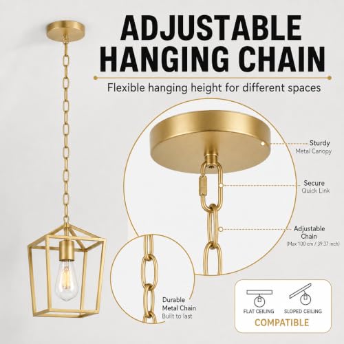 Image of Phaosio Gold Pendant Lights Kitchen Island, Modern Farmhouse Light Fixture | Metal Cage Pendant Light Fixture, Adjustable Height, Sloped Ceiling, Kitchen Lighting for Dining Room, Entryway, Foyer,2 Pack