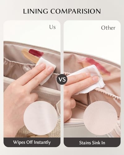 Image of EACHY Makeup Bag, Woven Travel Toiletry Bag, Portable 180 Wide-Open Flat Cosmetic Bags for Women, Large Capacity Makeup Pouch with Divider and Handle