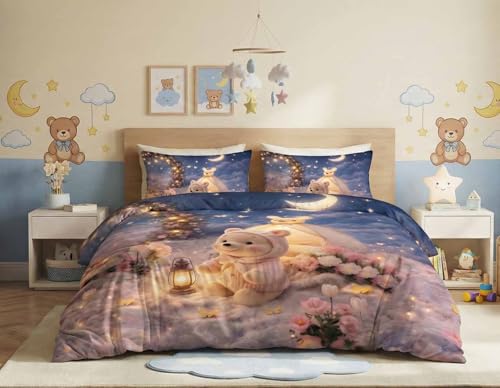Image of HOMEKART Kids Cloud Cotton Bedsheet Double Bed | 210 TC Cartoon Printed Bedding Set with 2 Pillow Covers 7D | Soft, Wrinkle-Free | 108 x 108 Inches (Teddy Bear Moonlight)