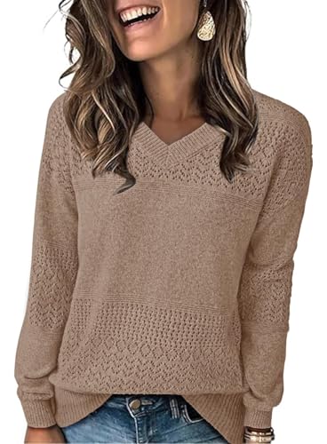 NORACORA Womens V Neck Fall Sweaters 2025 Casual Long Sleeve Ribbed Knit Pullover Lightweight Crochet Pullover Sweater Tops Brown — view 2