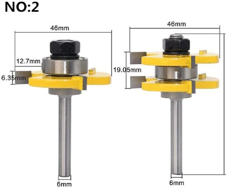 2pcs 6mm 8mm Shank 3/4" Stock Tongue and Groove Joint Assembly Wood Router Bit Set C3 Carbide Tenon Cutter Tools for Woodworking (Size : NO2)