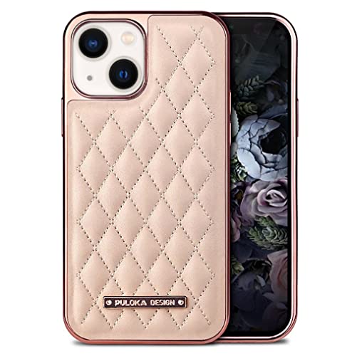 Image of PULOKA iPhone 14 Vegan Leather Back Cover Royal Diamond Pattern with Electroplated Case Compatible for Apple iPhone 14 6.1 inchinch - Pink