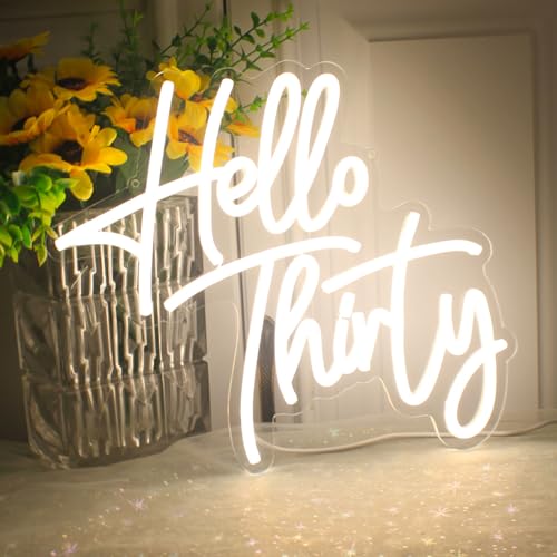 Image of Hello Thirty Neon Sign, LED Neon Signs for Thirty Birthday Anniversary Backdrop, 30th Birthday Party Decor Favors Neon Lights for Couple Anniversary and Birthday Party Decoration