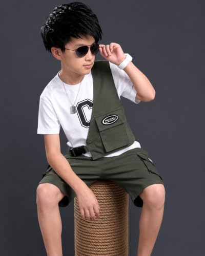 Image of Kids Boys 3-Piece Outfit Set | Half Sleeve T-Shirt, Utility Vest & Cargo Shorts with Cap | Stylish Casual Summer Clothing Set for Boys