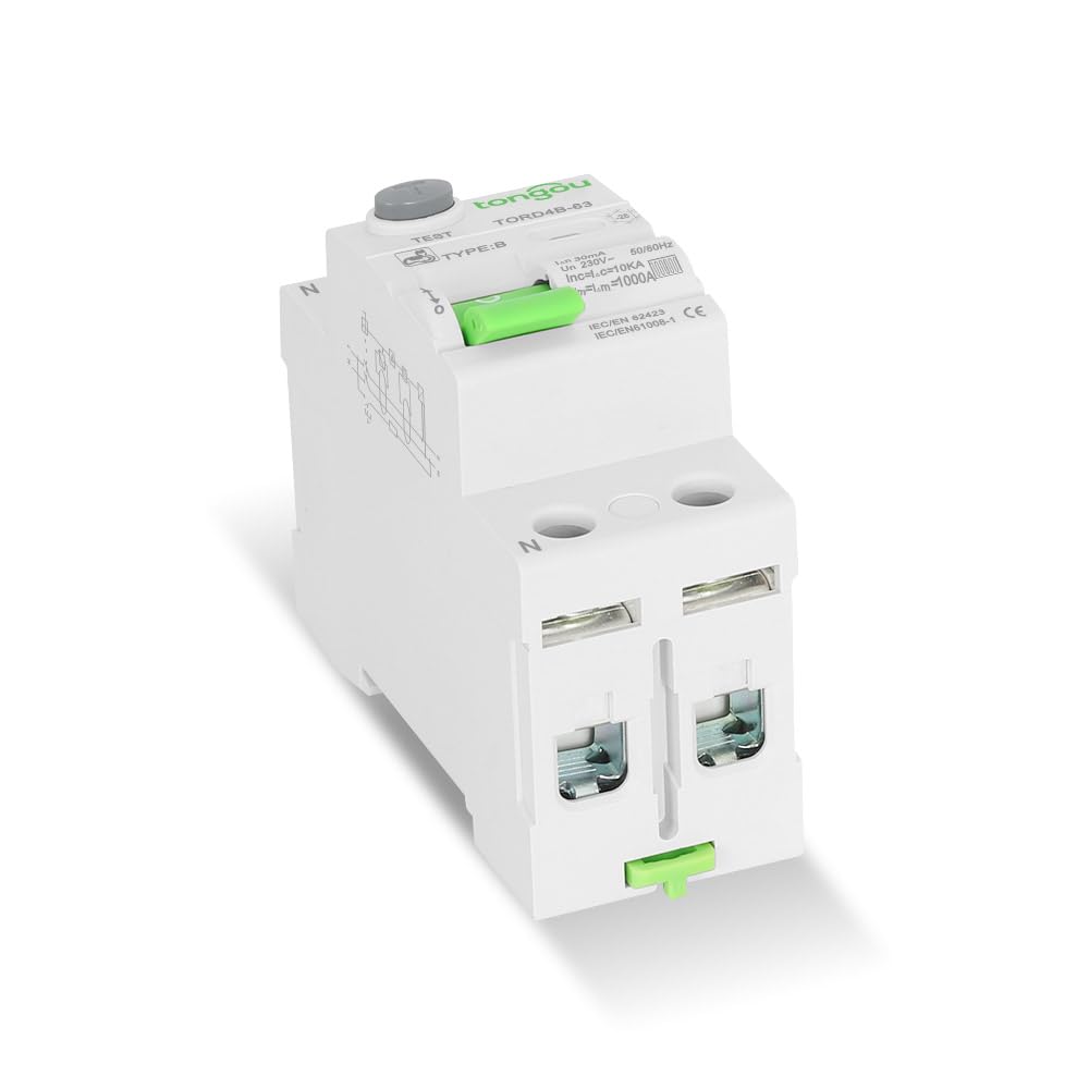 Interruttore differenziale Tipo B/Rail Din/RCCB/AC/DC / 63 A - 30 mA / 2 Poli / 10KA / 230V / Caricabatterie Auto Elettriche TONGOU