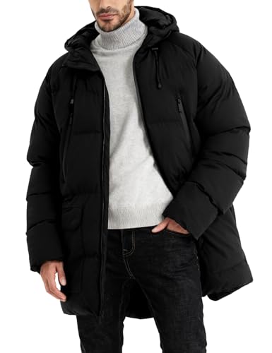 Yimoon Mens Long Winter Coat Hooded Warm Quilted Puffer Jacket Waterproof Thicken Puffy Parka Jacket(Black-L)