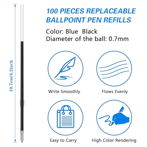 JANYUN 100 Pieces Ink Pen Refills Replaceable, 0.7mm Ballpoint Pen Refills 107 mm in Length Black Ink Refills Smooth Writing Pen Refills for Journal Writing Office School Supplies (Black) - Thumbnail 2
