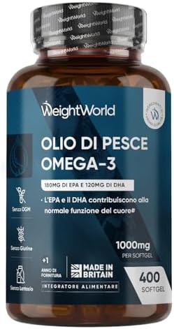 Omega 3 Olio di Pesce, 400 Softgel, (Fornitura 1+ Anno), 1 Softgel al Giorno, Omega3 Fonte di Acidi Grassi Essenziali, EPA e DHA Contribuiscono alla Normale Funzione del Cuore (EFSA), Fish Oil 1000mg