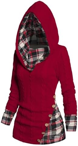 ZEZCLO Women's Twisted Cable Knit Plaid Print Hooded Sweater Mock Button Ruched Shawl Neck Knit Top