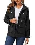 PESION Women Military Anorak Jackets Zip Up Snap Buttons Parka Safari Utility Coats Outwear Waterproof Windbreaker Jacket with Pockets, Black, Large