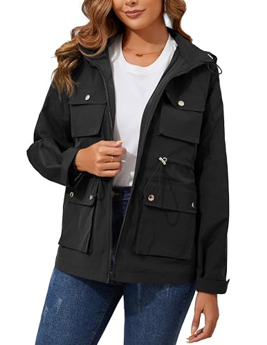 PESION Women Military Anorak Jackets Zip Up Snap Buttons Parka Safari Utility Coats Outwear Waterproof Windbreaker Jacket with Pockets, Black, Large