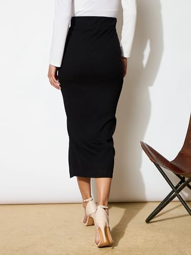 Image of Black Rib Side Slit Ruched Midi Skirt