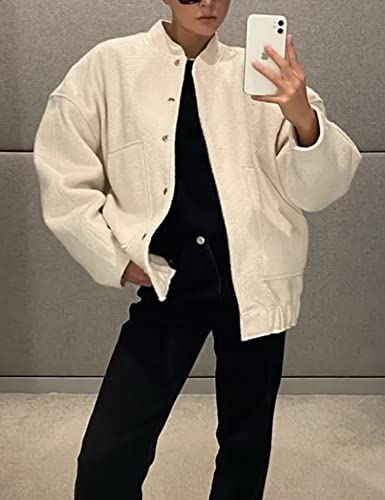 Arssm Women Oversized Long Sleeve Shacket Jackets Wool Blend Coat Button Down Outerwear Bomber Jackets(Beige-M) #TOP1