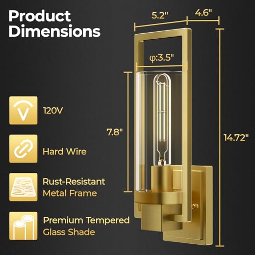 Image of CINOTON Golden Wall Sconces Set of 2, 15 inch Brushed Gold Wall Mounted Lamp, Hardwired AC 120V Wall Sconces Vintage Vanity Light Fixtures with Clear Glass, Wall Lights for Living Room, Hallway, Bedroom