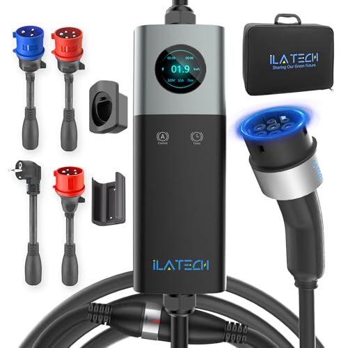 iLa Tech Mobile Wallbox 22kW Trifásico, EV Cargador 32A con 5 Metros Cable Tipo 2, Corriente Ajustable, LCD Display, IP66, Includos Soporte y Bolsa con 3 Adaptadores CEE 32/16+EU Schuko
