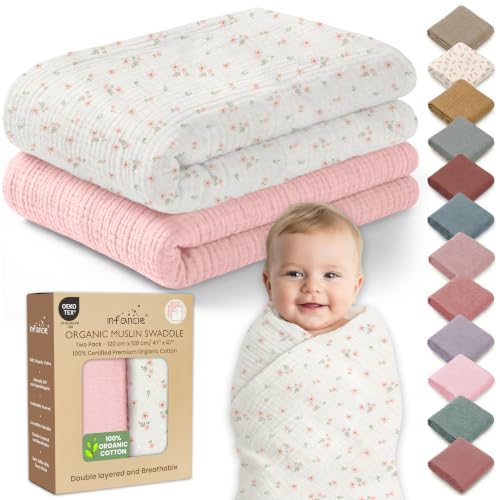Image of Organic Muslin Baby Blanket 2-Pack Blush & Ivory Floral, 47 x 47 Inch, 100% Organic Cotton Oeko-TEX Certified Hypoallergenic Swaddle Blanket for Newborn Boy, Baby Boy Shower Gift