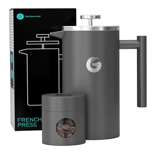 Coffee Gator French Press Kaffeemaschine 1 Liter plus Travel Jar Kanister, Doppelwandig Isoliert Edelstahl Kaffeebereiter, Tragbare Heiße Kalte Brühe Teekanne für Haus...