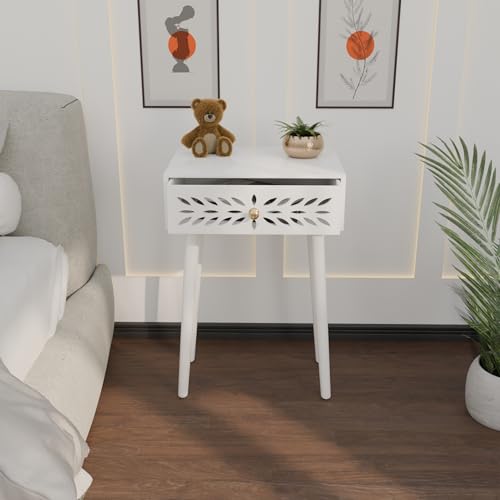 Image of Ereteken ART Nightstand Bedroom Carved Beside Table Made of MDF, Night Stand with 1 Drawers end Table for Bedroom /Living Room-White (White)