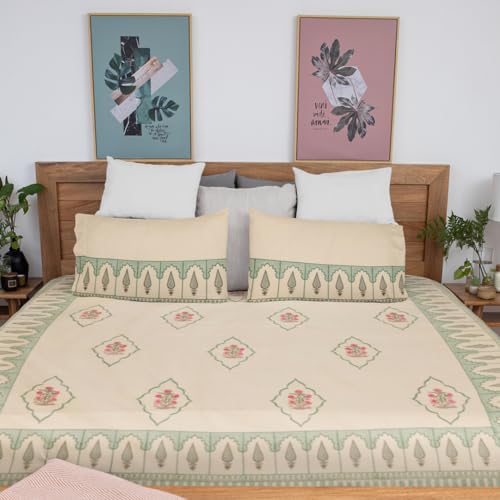 Image of Firdaus Premium Hand Block Printed Bedsheet | Bed Spread Flatsheet Bed Sheet | Pure Cotton | Double Bed Queen Size 90 inchx108 inch | 300 TC Long Staple Cotton | 2 Pillow Covers | Floral Print