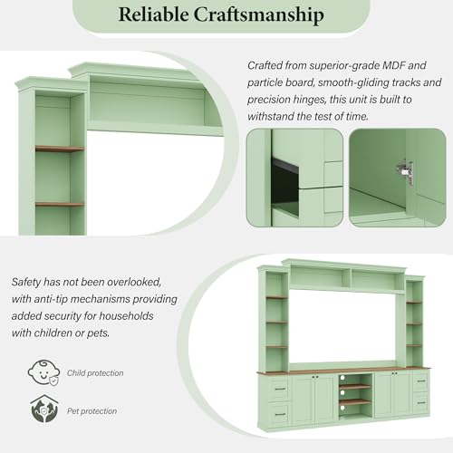 Image of 94.8 inchL Large Entertainment Center with Bookshelves and Drawers for TVs Up to 70'', Wall Unit Entertainment Center with Adjustable Shelves and Cabinet, Minimalist TV Stands for Living Room Mint Green