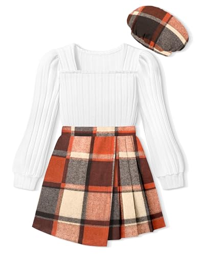 NECIOUS Girls Clothes Size 8 10 Girls Outfits Fall Winter 3 Piece Puff Sleeve White Tops Mini Plaid Skirt Sets Orange Shorts Dresses Thanksgiving Outfit