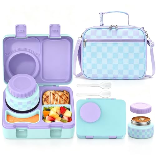 Image of Bento Box for Kids, Leakproof Kids Lunch Box with 8.5OZ Thermo Food Jar & Lunch Bag, 3-4 Compartments Toddler Insulated Lunch Box for Girls, BPA Free Lunch Containers for School Daycare