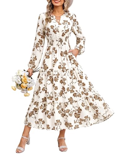 Image of GRACE KARIN Women's Floral Maxi Dress 2026 Fall Long Sleeve V Neck Empire Waist A Line Flowy Dress with Pocket