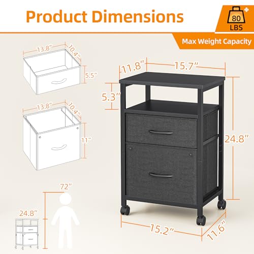 TIQLAB 2 Drawer Mobile File Cabinet, Rolling Printer Stand with Open Storage Shelf, Fabric Vertical Filing Cabinet fits A4 or Letter Size for Home Office, Black - Thumbnail 3