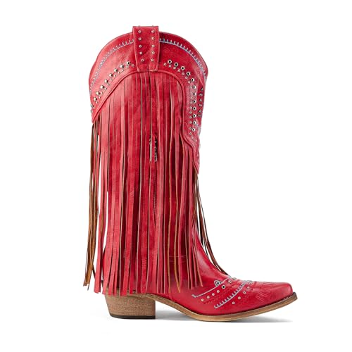 Image of Fringe Cowboy Boots for Women Wide Calf Embroidered Tassal Cowgirl Boot Knee High Snip Toe Pull On Western Shoes