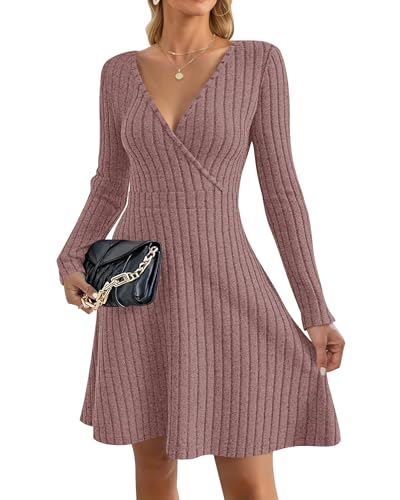 AUSELILY Strickkleid Damen Herbst Leichte Langarm V-Ausschnitt Winterkleid A Linie Elegant Herbstkleid Knielang Kleid Midi Pulloverkleid Tunikakleid...