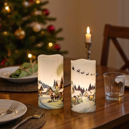 Image of Christmas Flameless Candles, Christmas LED Battery Operated Candles with Remote Timer, Set of 2 Pillar Candle with Snow House, Santa, Reindeer Decals for Holiday Winter Decor(D6 inch x H3 inch)