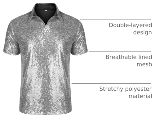 Camiseta polo para hombre URRU, manga corta, estilo relajado y con lentejuelas brillantes, ideal para fiestas nocturnas y discotecas, años 70 miniatura 4