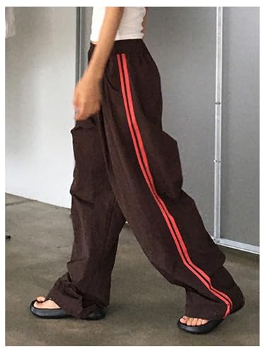 GORGLITTER Women's Y2k Baggy Track Pants Wide Leg Parachute Pants Side Strip High Waisted Drawstring Trousers3