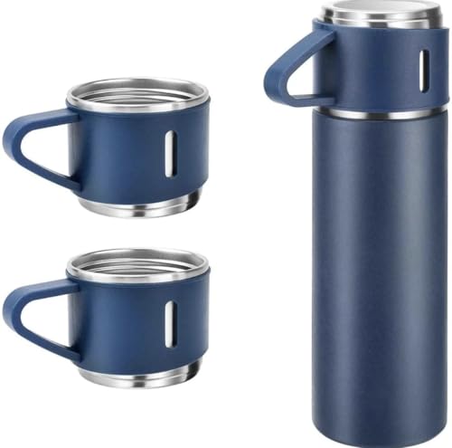 Image of Thermo Flask Vacuum Flask Set, Stainless Steel, 500ml, Insulated Double Wall, Hot and Cold Bottle with 3 Cups