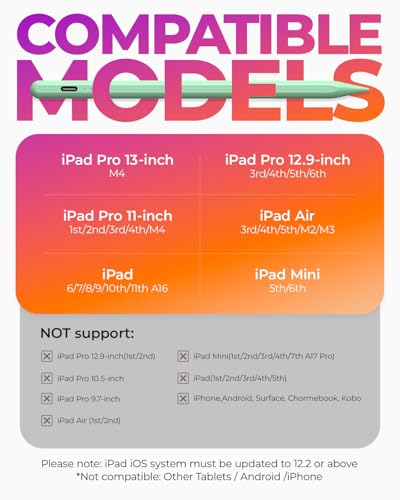 Image of JAMJAKE Stylus for Apple iPad Pencil 5X Faster Charge, Pencil for Apple iPad Compatible with iPad 6-11th Gen, iPad Air 3-5 /M2 /M3, iPad mini 5 /6, iPad Pro 11 inch /12.9 inch /M4, Double Tap Turn On /Off - Green