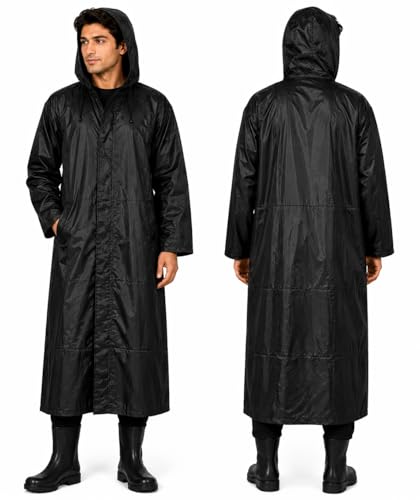 Image of Waterproof Hooded Long Rain Coat for Men, Polyester, Full Sleeves, Regular Fit, Outdoor Riding, Camping & Hiking