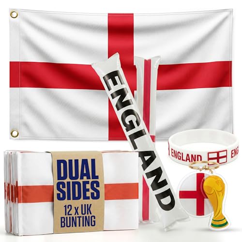 2026 World Cup Supporter Set 3x5ft England Flag Bunting Thundersticks Wristband & Keyring England Football Fan Set for World Cup Parties & Events