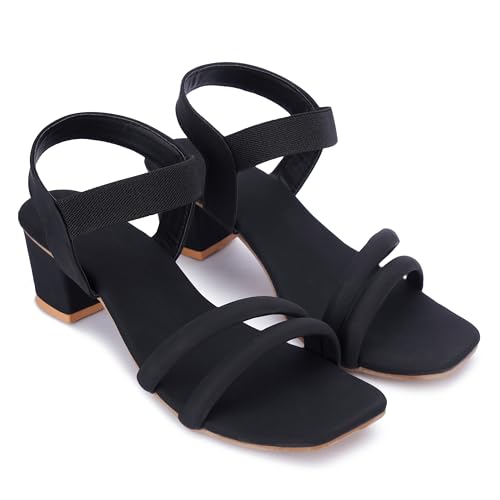 Image of SKOLL Women's Low Block Heel Strappy Sandals, Comfort Elastic Ankle Strap Open Toe Heeled Sandals, Casual Dressy Walking Sandals with Dual Front Straps