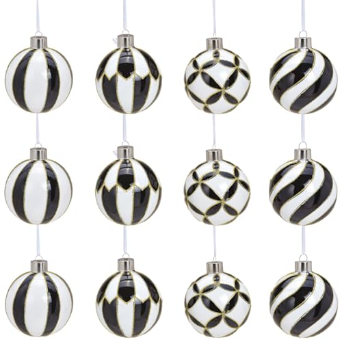 Weihnachtskugel aus Glas 12er Set Hängedeko für Weihnachtsbaum und Zweige - Christbaumkugeln Ø 8 cm Weihnachtsdeko Ornamente - Elegante Weihnachtskugeln für Innen Weihnachtsschmuck schwarz & weiß