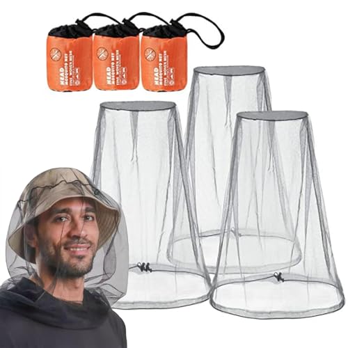 auxlihi 3PCS Midge Head Net, Mosquito Head Protecting Net with Storage Bag, Fine Mesh Insect Netting Cover for Outdoor Activities (Grey, One Size Fits Head Circumference 52-62cm)