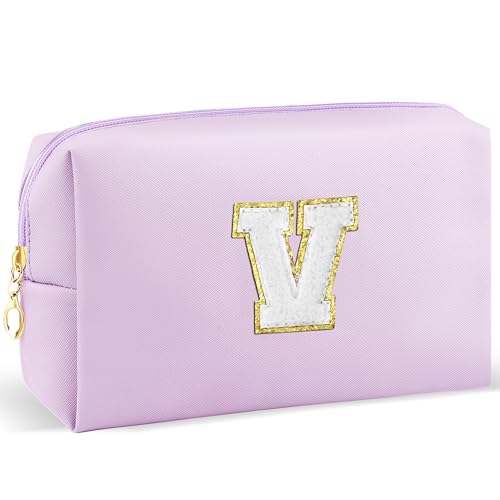 URSKYTOUS Gifts for Girls Initial Makeup Bag Personalized Cosmetic Bag with Zipper Cute Travel Toiletry Bag Waterproof PU Preppy Makeup Pouch Birthday Gift for Teen Girls Women(Purple V)