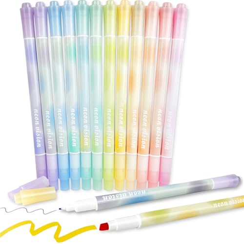 YOSKAEDI Textmarker Pastell Set, 12 Farben Doppelspitze Bibel Marker Stifte leuchtstift No Bleed, Highlighter Pen Stift Pastell Marker, Schulbedarf und Aesthetic Schulsachen