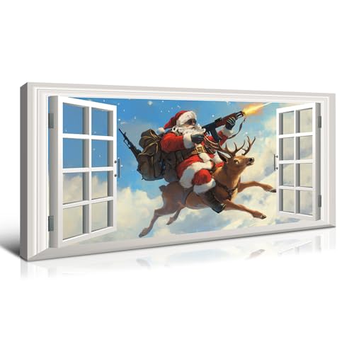 Wewejia Christmas Canvas Wall Art, Santa Claus Rides Reindeer Painting