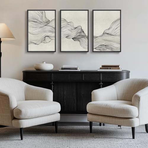 Framed Black and Beige Abstract Wall Art, 3 Piece Modern