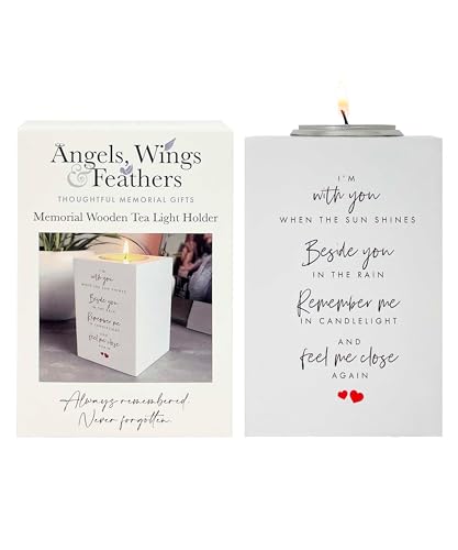 Wooden Memorial Candle Tealight Holder Bereavement Gifts Sympathy Gift for Remembrance 10×7×7 cm Poem Engraved Holder for Comforting Friends & Family Angels Wings & Feathers
