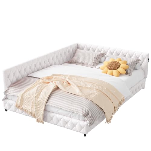 Tagesbett 140x200 mit LED und USB, Polsterbett mit Lattenrost, Schlafsofa 140x200, Jugendbett Einzelbett, Teddy Velvet, Ohne Matratze (Beige)