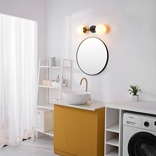 Image of Globe Electric 52079 2-Light Wall Sconce, Matte Black, Antique Brass Accent Socket, Matte Opal Glass Shades, Modern Light for Living Room or Bedroom, Dimmer Switch Compatible, E26 Base