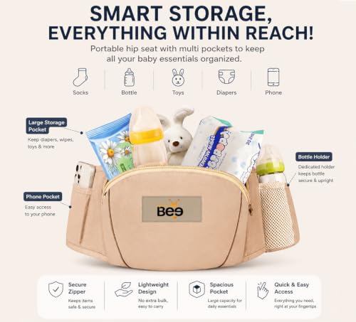Image of GOLDEN BEE Baby Carrier with 4 Carry Positions, Adjustable Hip Seat Belt, Hip Seat Baby Carrier Bag 4 to 36 Months Baby, New-Born to Toddler Carrier, Ergonomic Baby Carry Bag up to 20kg (Beige)
